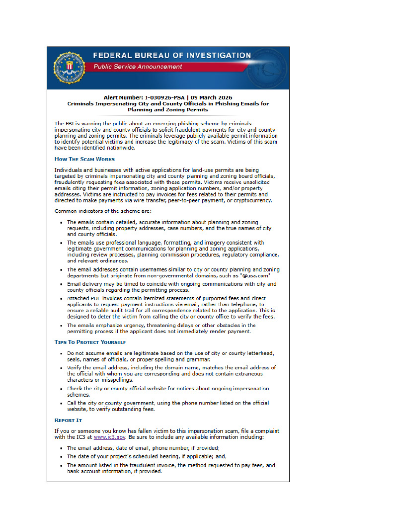Criminals impersonating City and County Officials in Phishing Emails for Planning and Zoning permits.