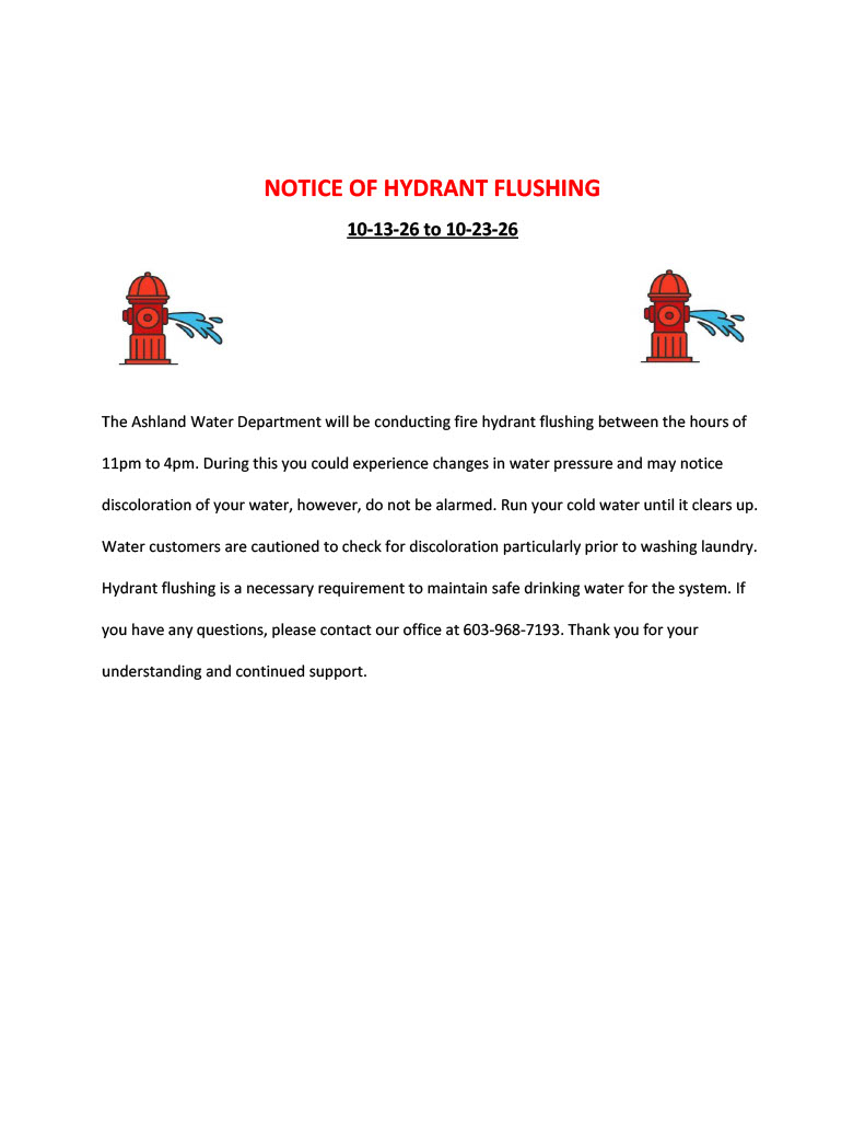 Hydrant Flushing 10/13 to 10/23 between the hours of 11pm and 4pm